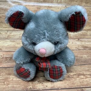 Vintage 1984 Love Land Teddy Bear Plush With Plaid Bow Gray 13" Whiskers